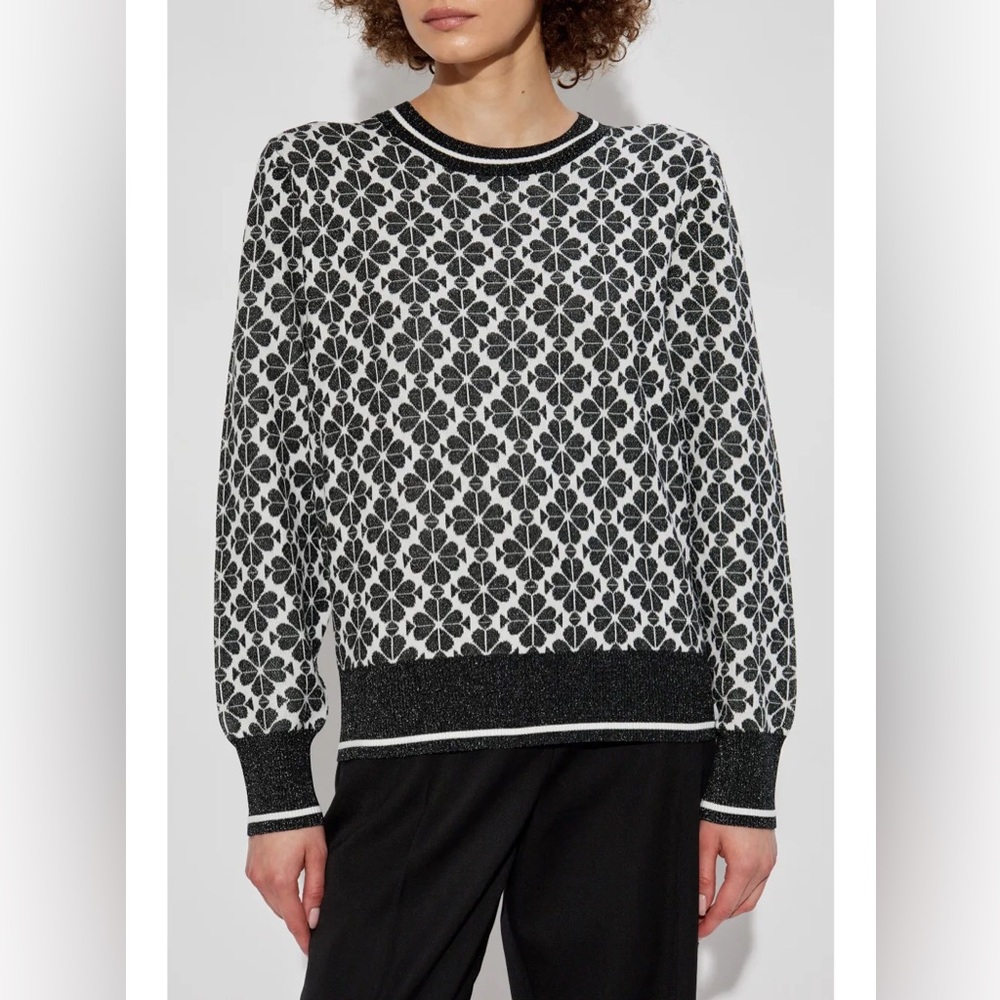 Kate Spade Monogram Spade Flower Sweater (Sz L) Black & White Holiday Shimmer
